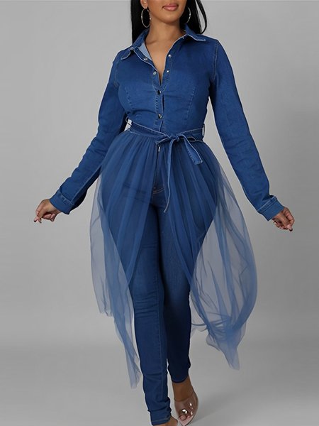 Shirt Collar Plain Regular Fit Urban Faux Denim Blouse, Blue, Blouses and Shirts