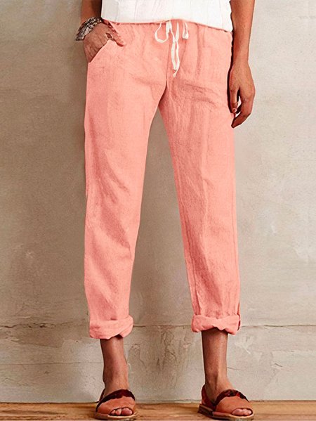 

JFN Plain Cotton Casual Solid Roll Hem Drawstring Crop Pants, Pink, Pants