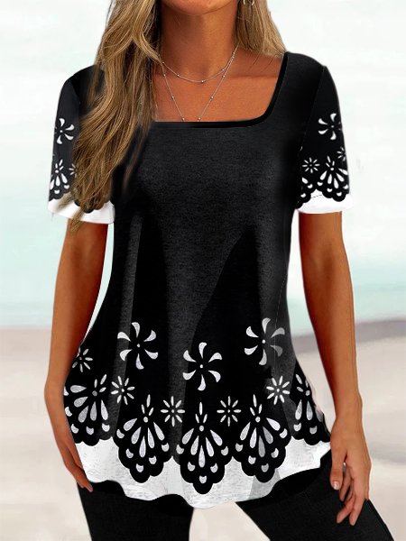 Loose Black And White Colorblock Casual Knitted T-Shirt, T-Shirts