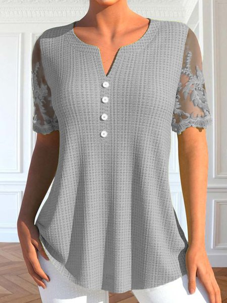 V Neck Lace Casual Shirt, Gray, Shirts & Blouses