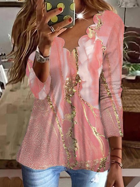Abstract Loose Lace Collar Casual Long Sleeve Shirt, Pink, Shirts & Blouses