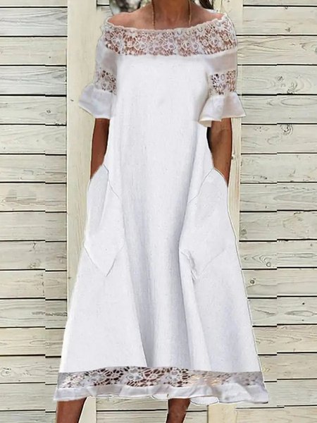 Casual Plain Boat Neck Dress, White, Dresses