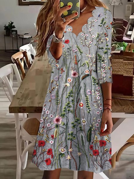 Slim-Fit Shell-Neck Floral-Knit Dress, Gray, Dresses