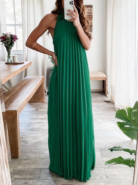 Vacation Plain Halter Maxi Dress With No Belt, Green, Maxi Dresses