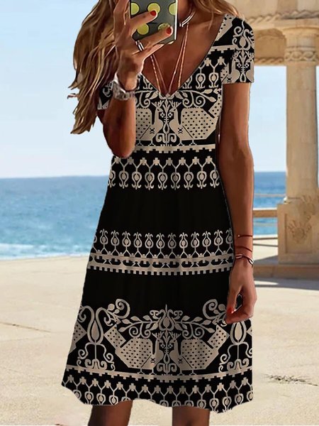 Casual Floral V Neck Regular Fit Dress, Camel, Dresses