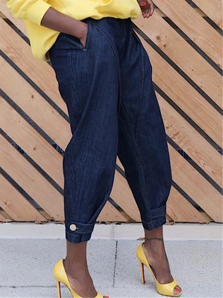 Loose Daily Faux Denim Urban Long Jeans, Denim blue, Jeans