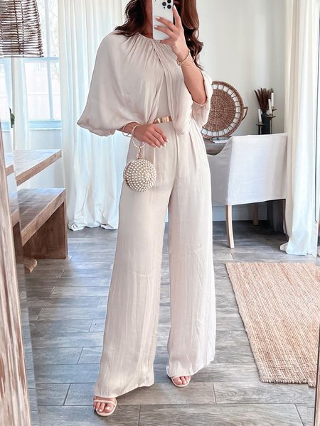 Plain Crew Neck Elegant Regular Fit Jumpsuit, White, Jumpsuits