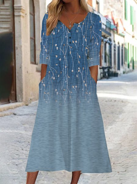Crew Neck Floral Casual Dress, Blue, Dresses