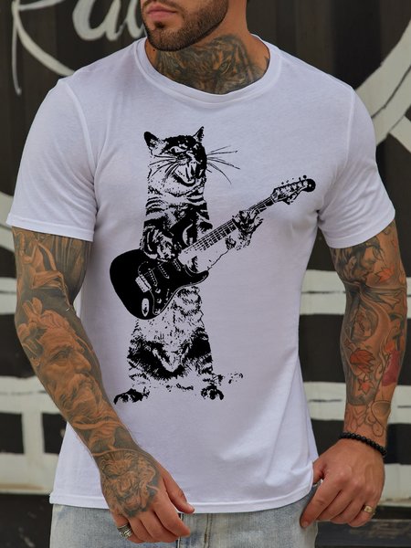 Men's Cotton Cat Playing Guitar Crew Neck T-Shirt, White, T-shirts