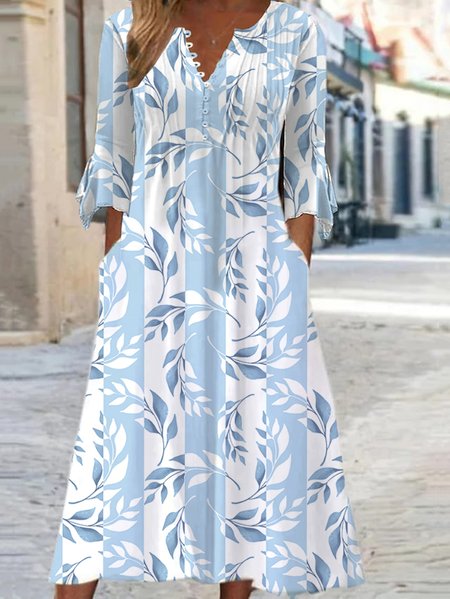 Floral Crew Neck Loose Casual Dress, Light blue, Dresses