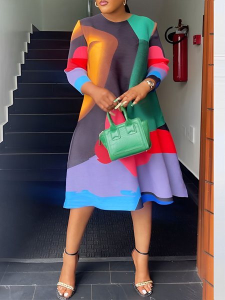 Elegant Color Block Geometric Crew Neck Loose Dress, Multicolor, Midi Dresses