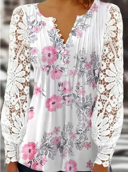 Floral V Neck Casual Loose Shirt, White, Shirts & Blouses