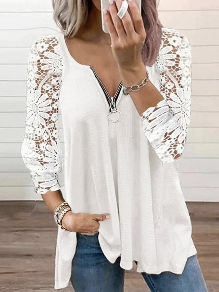 Casual Floral Loose V Neck Shirt, White, Shirts & Blouses