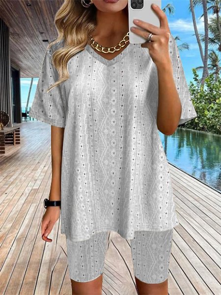 V Neck Loose Casual Two-Piece Set, White, Suit Set