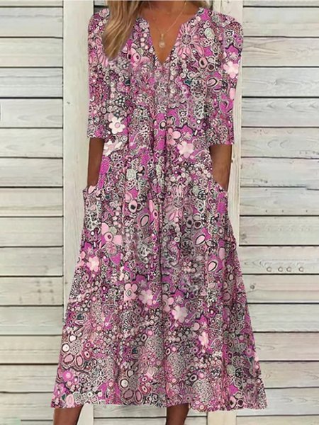 Regular Sleeve Elegant Floral Loose Dress, Deep pink, Dresses