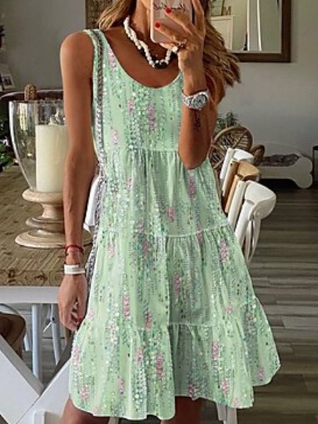 Crew Neck Casual Regular Fit Floral Dress, Green, Dresses