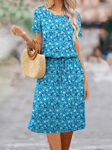 Floral Loose Casual Crew Neck Dress, Blue, Dresses
