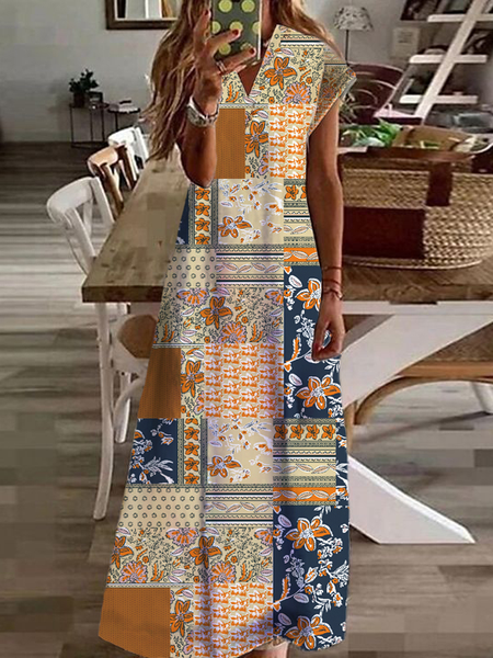 Casual V Neck Dress With No Belt, Khaki, Dresses 
Casual V Neck Dress With No Belt, Khaki, Dresses