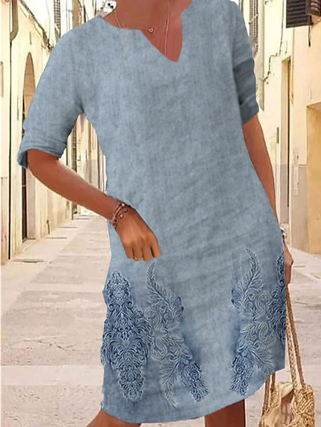 Floral V Neck Loose Casual Dress With No Belt, Blue, Dresses