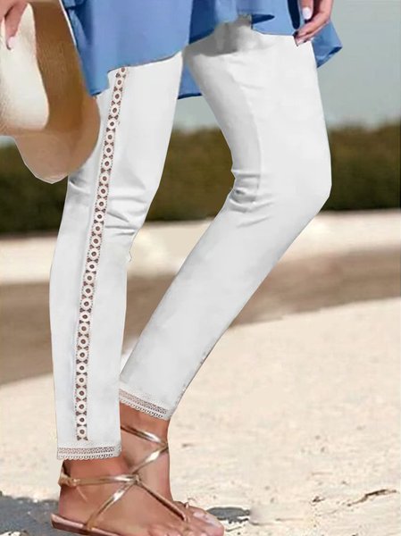 Lace Edge Tight Casual Knitted Leggings, White, Leggings