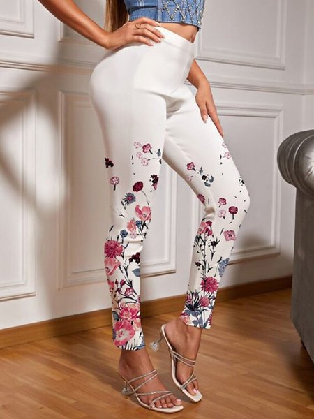 Casual Floral Regular Fit Slim fit Pants, White, Leggings