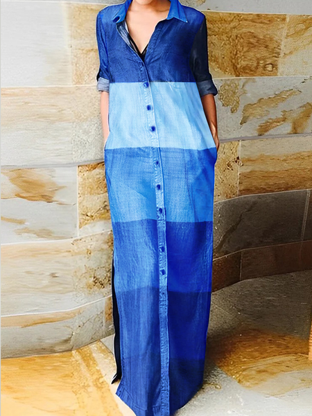 Color Block Loose Urban Shirt Collar Three Quarter Faux Denim Dress, Blue, Maxi Dresses
Color Block Loose Urban Shirt Collar Three Quarter Faux Denim Dress, Blue, Maxi Dresses