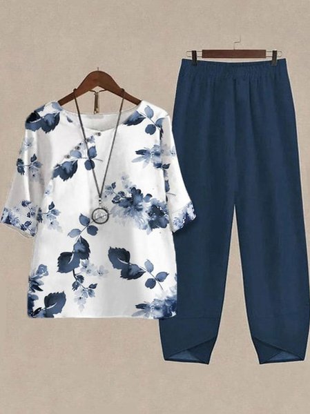 Plus Size Casual Crew Neck Two-Piece Set, Blue, Suit Set