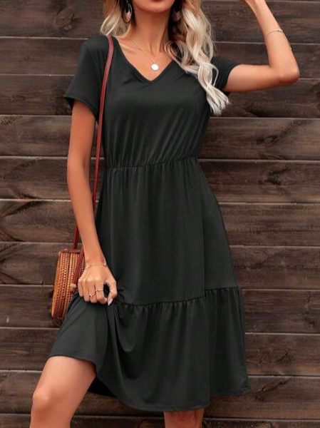 V Neck Plain Cotton Casual Solid Ruffle Hem A-line Dress, Black, Dresses
V Neck Plain Cotton Casual Solid Ruffle Hem A-line Dress, Black, Dresses