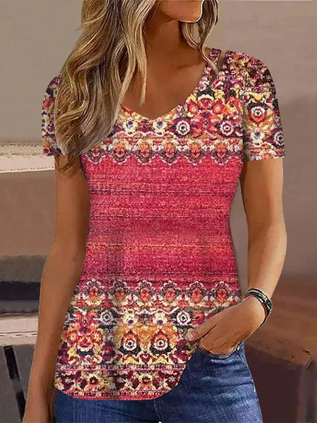 Ethnic Loose Casual V Neck T-Shirt, Red, T-Shirts