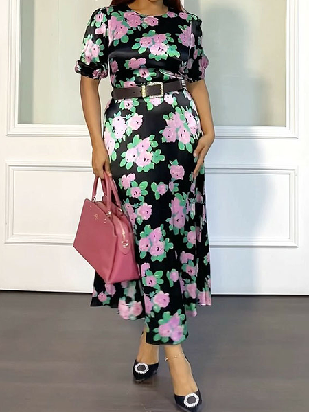 Elegant Floral Regular Fit Crew Neck Short sleeve Maxi Dress With No Belt, Black, Midi Dresses
Elegant Floral Regular Fit Crew Neck Short sleeve Maxi Dress With No Belt, Black, Midi Dresses