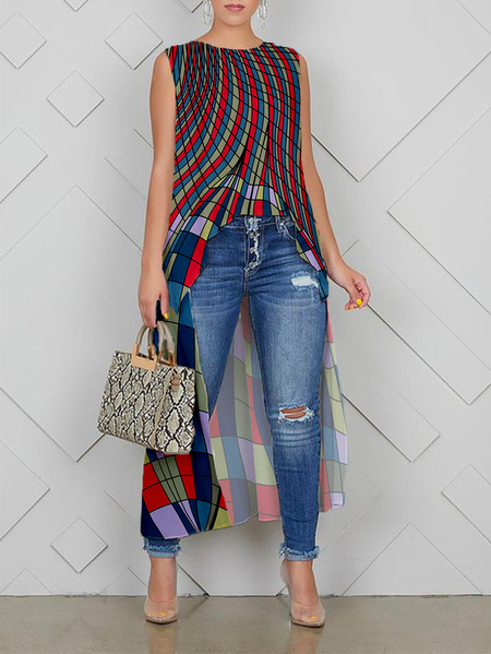 Plus Size Crew Neck Abstract Plaid Loose Urban Shirt, As picture, Plus Tops