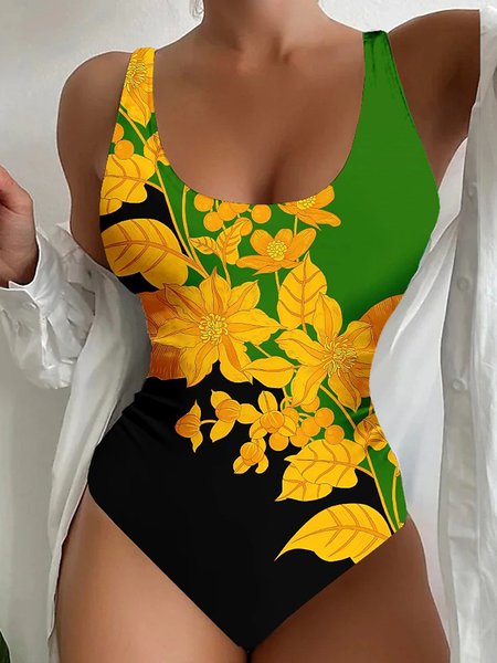 Vacation Floral Printing Scoop Neck One-Piece Swimsuit, Green, swimwear>>One-Pieces
Vacation Floral Printing Scoop Neck One-Piece Swimsuit, Green, swimwear>>One-Pieces