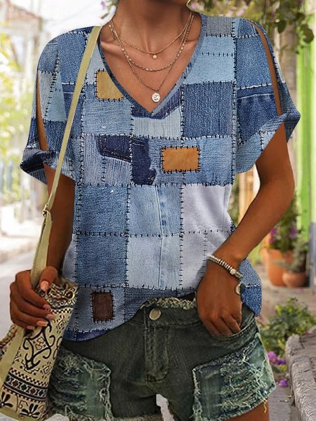 Loose Knitted Casual Color Block T-Shirt, Blue, T-Shirts