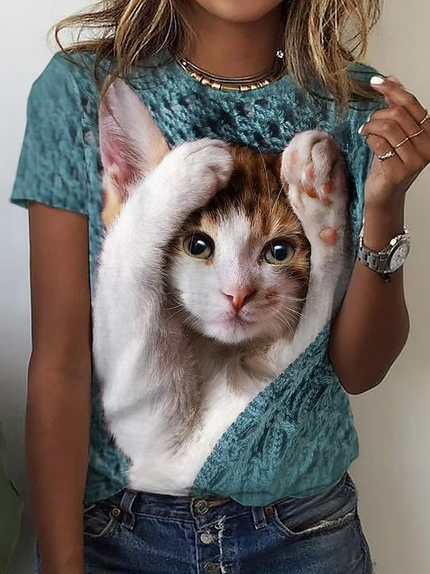 Loose Cat Casual Crew Neck T-Shirt, Blue, T-Shirts