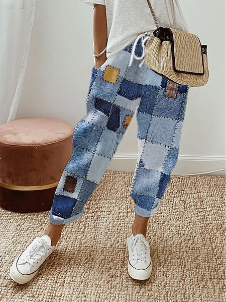 Denim Patch Loose Relaxed Pants, Blue, Pants