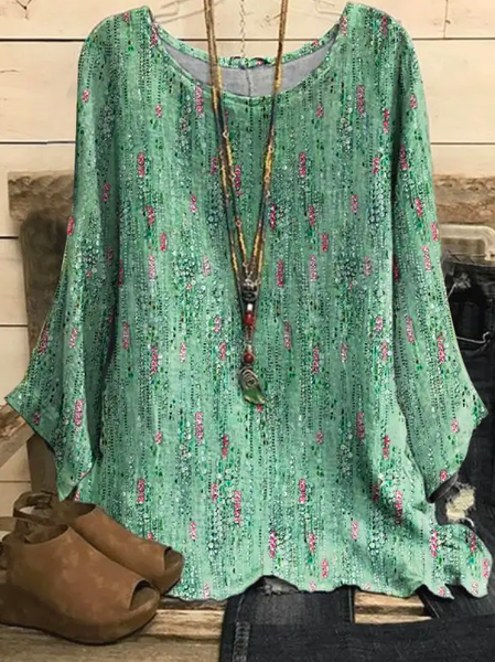 Crew Neck Linen Casual Loose Shirt, Green, Shirts & Blouses