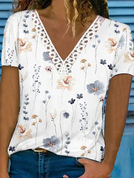 Loose Casual Lace Floral T-Shirt, White, T-Shirts
