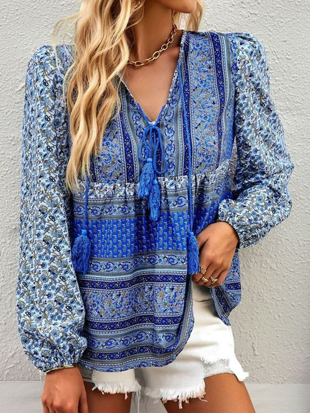 Floral V Neck Casual Loose Shirt, Blue, Shirts & Blouses