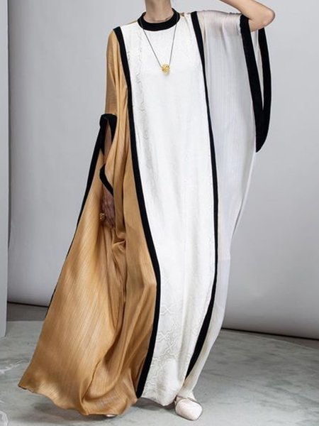 Casual Color Block Crew Neck Dress, White, Maxi Dresses
