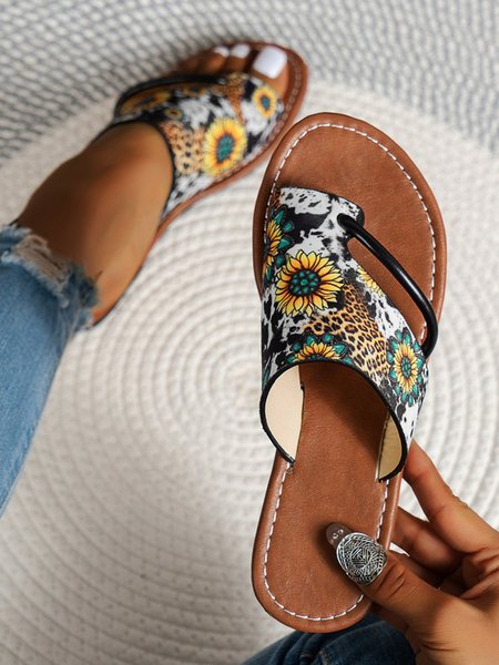 Western Cow Print Sunflower Casual Ring Slide Sandals, Leopard, Sandals & Slippers