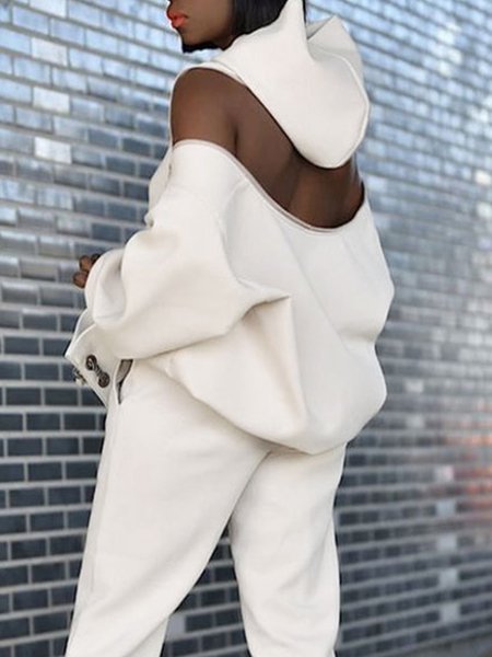 Regular Size Loose Casual Plain Hoodie, Ivory, Hoodies and Sweatshirts