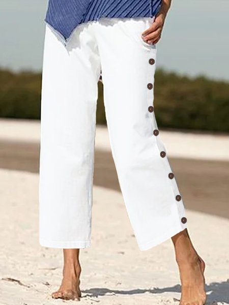 Casual Loose Plain Pants, White, Clothing