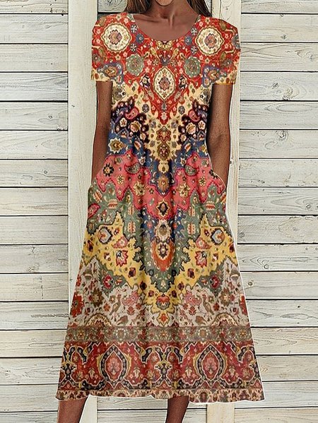 Ethnic Knitted Loose Casual Crew Neck Dress, Red, Dresses