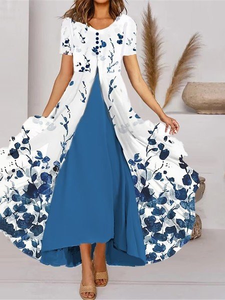Floral Casual V Neck Loose Dress, Blue, Dresses