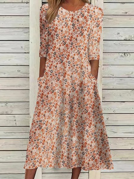 Crew Neck Casual Dress, Orange, Dresses
