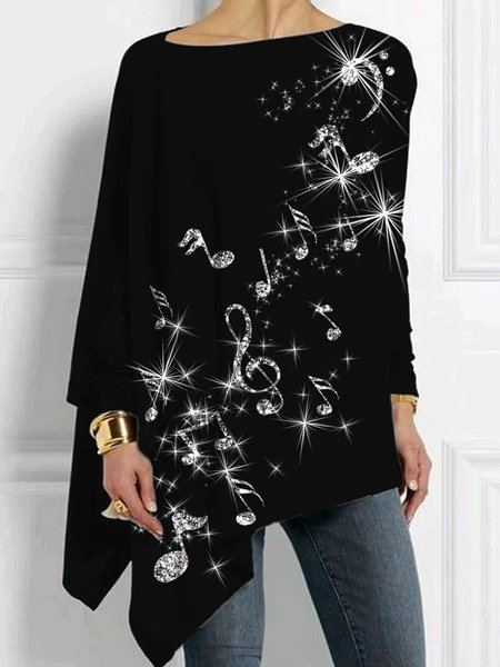 Crew Neck Loose Casual Shirt, Black, Shirts & Blouses