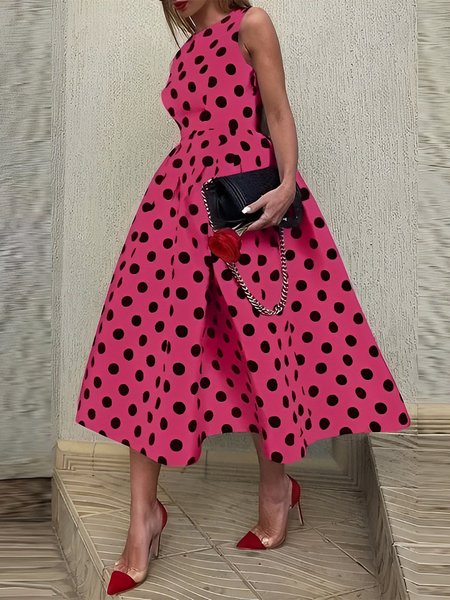 Regular Fit Polka Dots Elegant Crew Neck Midi Dress With No Belt, Deep pink, Midi Dresses