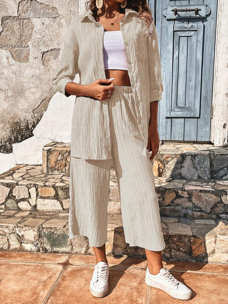 Shirt Collar Casual Plain Linen Solid Button Front Shirt & Wide Leg Pants Two-Piece Set, Apricot, Suit Set
Shirt Collar Casual Plain Linen Solid Button Front Shirt & Wide Leg Pants Two-Piece Set, Apricot, Suit Set
