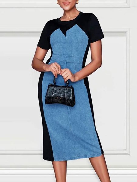 Short sleeve Faux Denim Casual Crew Neck Dress, Blue, Midi Dresses
