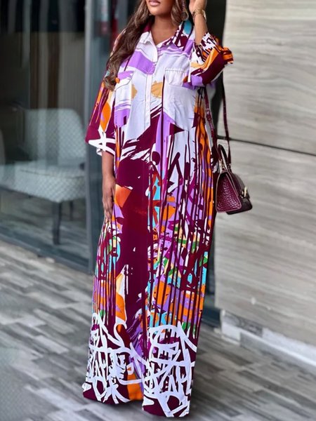 Daily Shirt Collar Random Print Urban Dress, Purple, Maxi Dresses